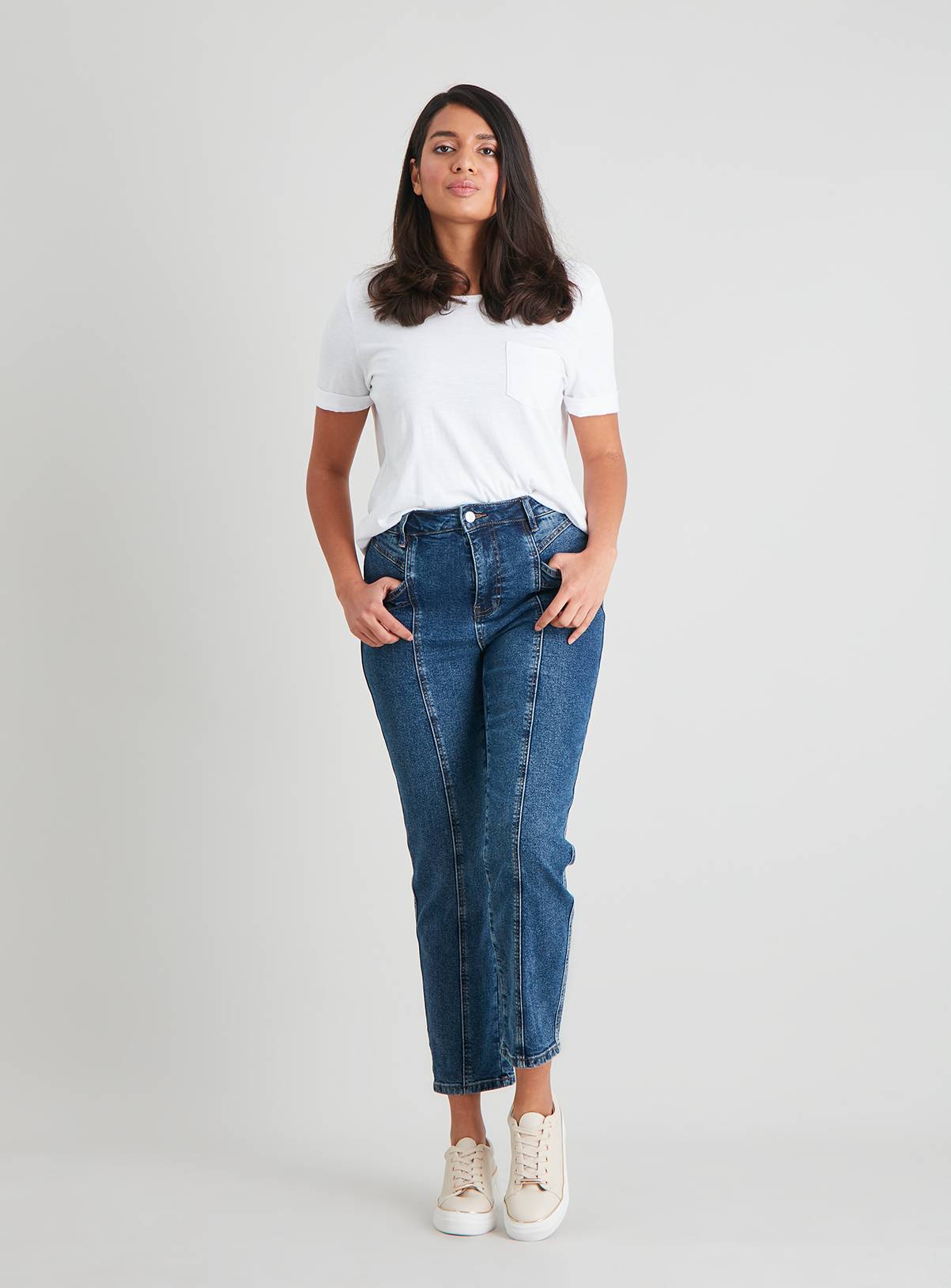 Dark Denim Straight Leg Panel Jeans With Stretch - 20 - Image 1